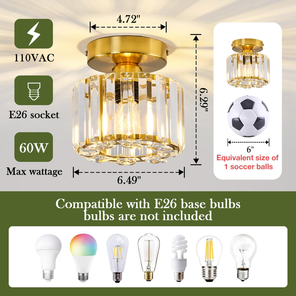 2 Pack Small Crystal Semi Flush Mount Ceiling Light Fixture Modern Gold Mini Round Chandelier Metal E26 Ceiling Lamp