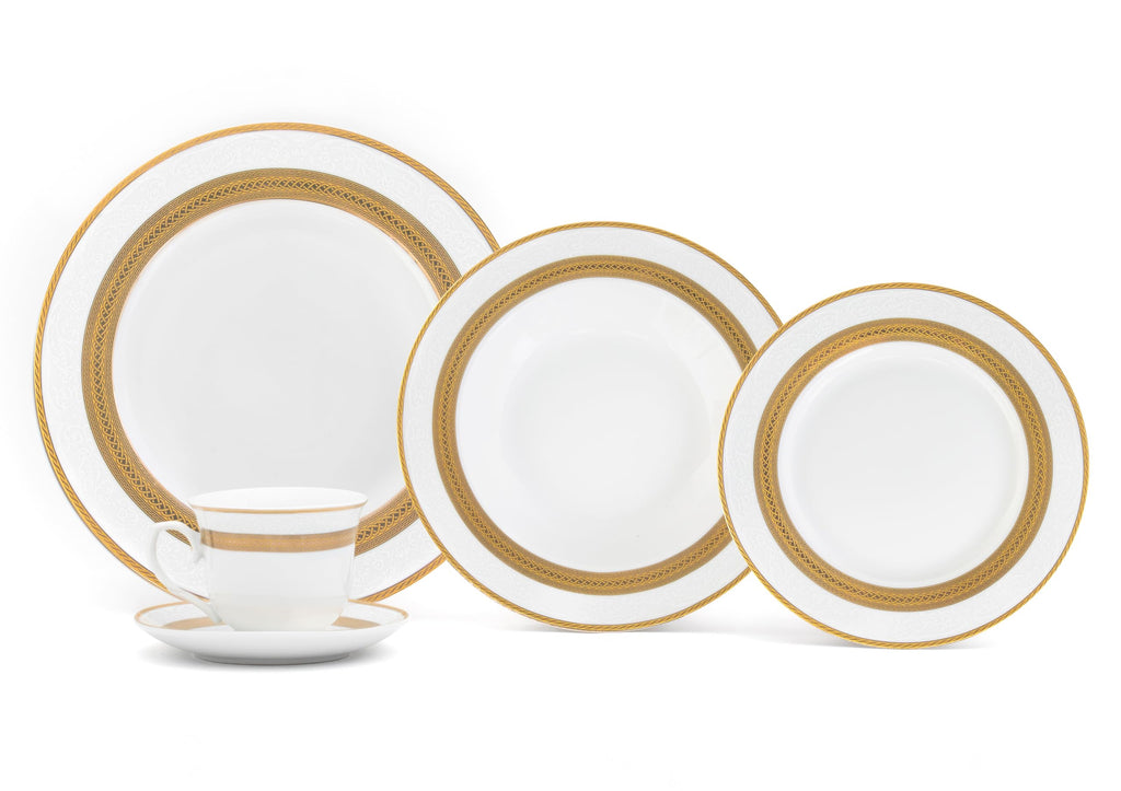 Royalty Porcelain "Queen" 20-Piece White & Gold Dinnerware Set, 24K Gold-Plated Fine Porcelain, Service for 4