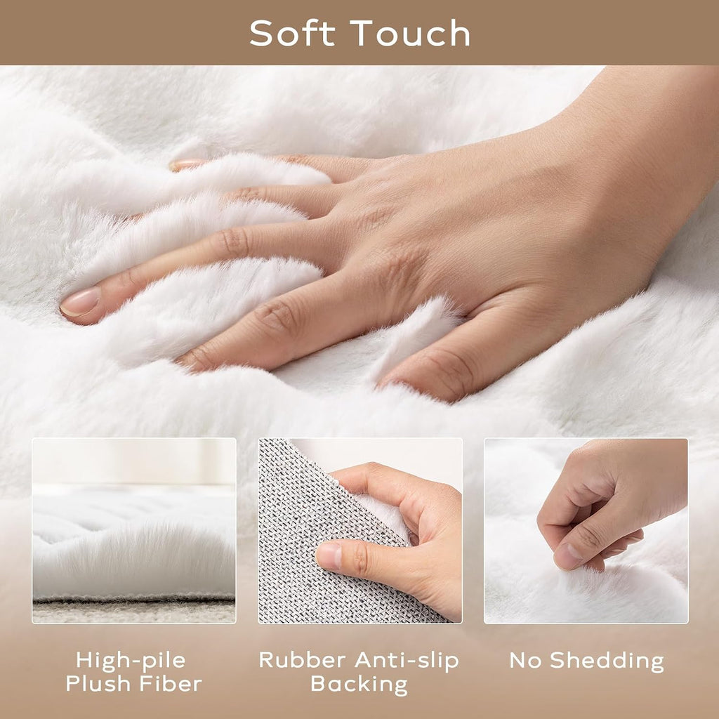 Faux Rabbit Fur Rug, White Fluffy Soft Runner Area Rugs, Rectangle Fuzzy Carpet, Machine Washable - 3D Bubble