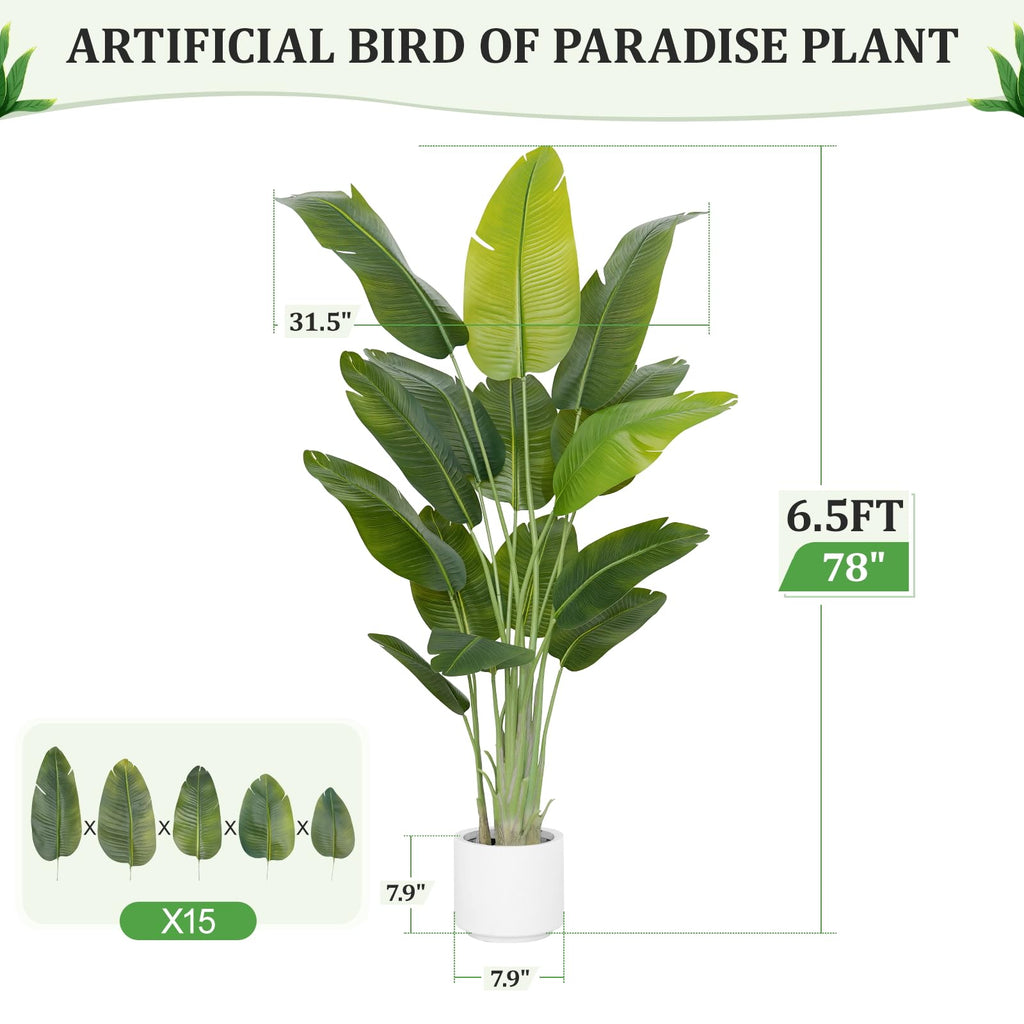 Artificial Bird of Paradise Plant 6.5Ft Tall Fake Tropical Palm Tree Large Fake Plants with 15 Silk Banana Leaves