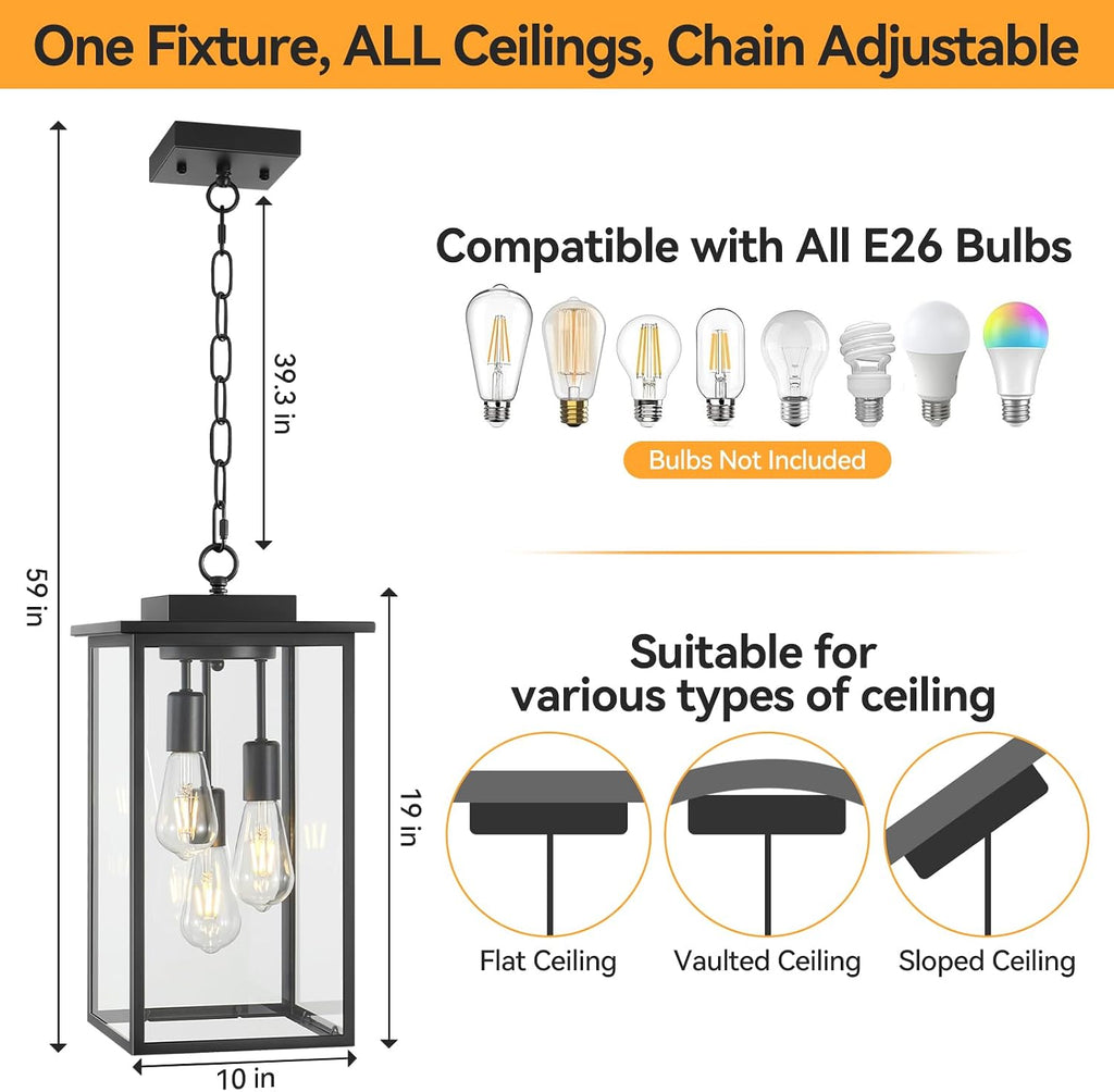 Outdoor Pendant Light Fixture E26 3-Light Modern Black Metal Outside Chandelier Exterior Hanging Fixture Ceiling
