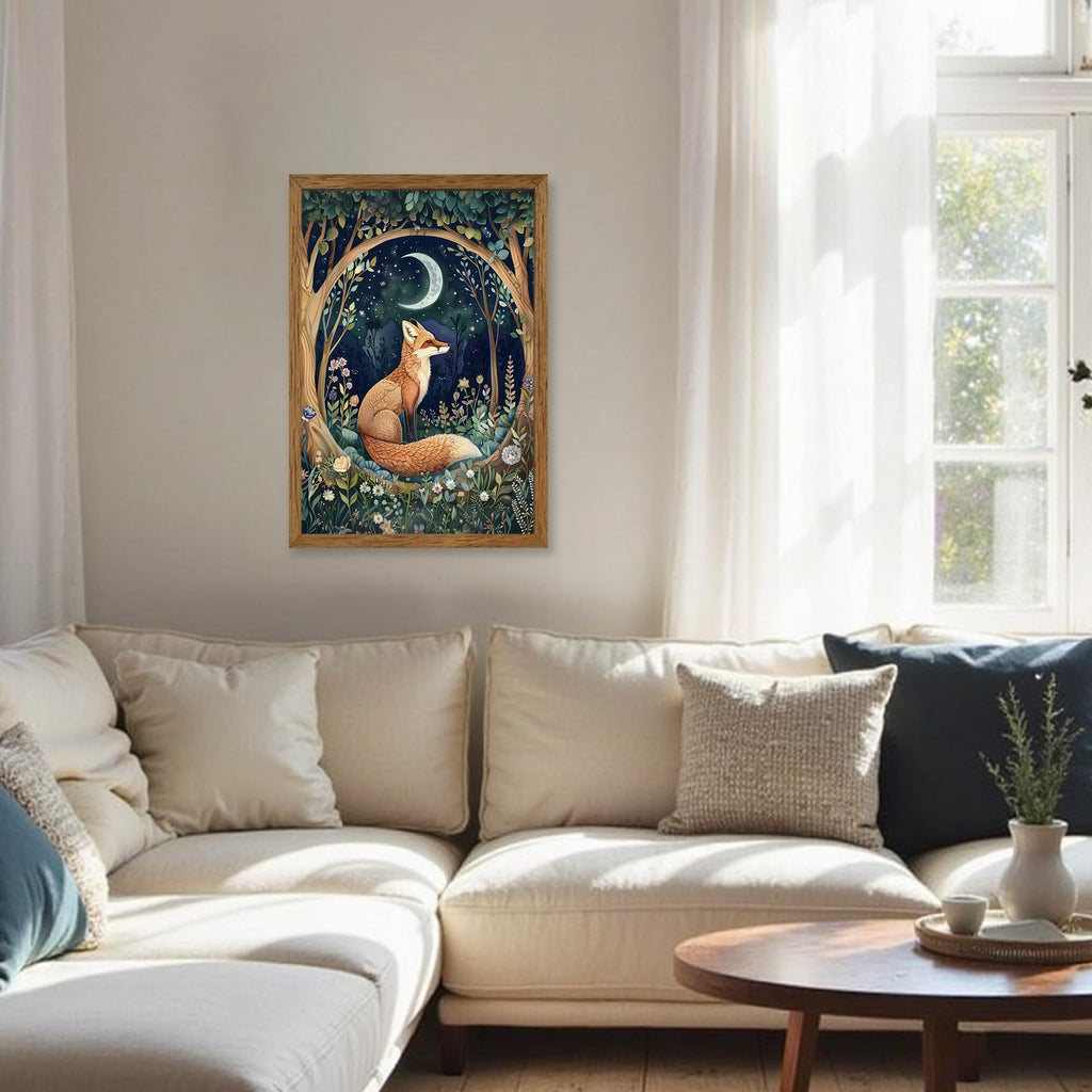 Fox and Moon Decor Whimsical Forest Animal Wall Art 16x24 in