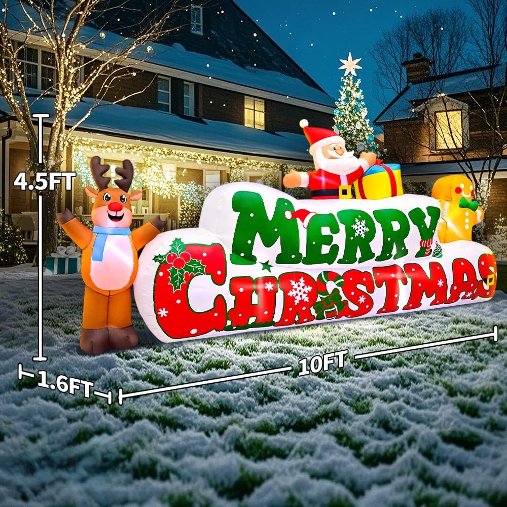 10FT Christmas Inflatables Outdoor Decorations Inflatable Merry Christmas with Santa Gingerbread Reindeer, Built in