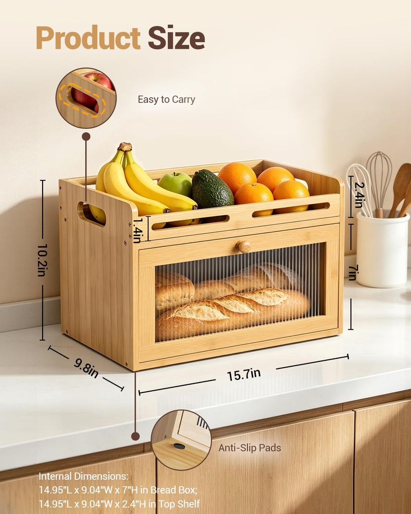 Bread Box - Countertop, Bamboo Storage Container with Top Shelf