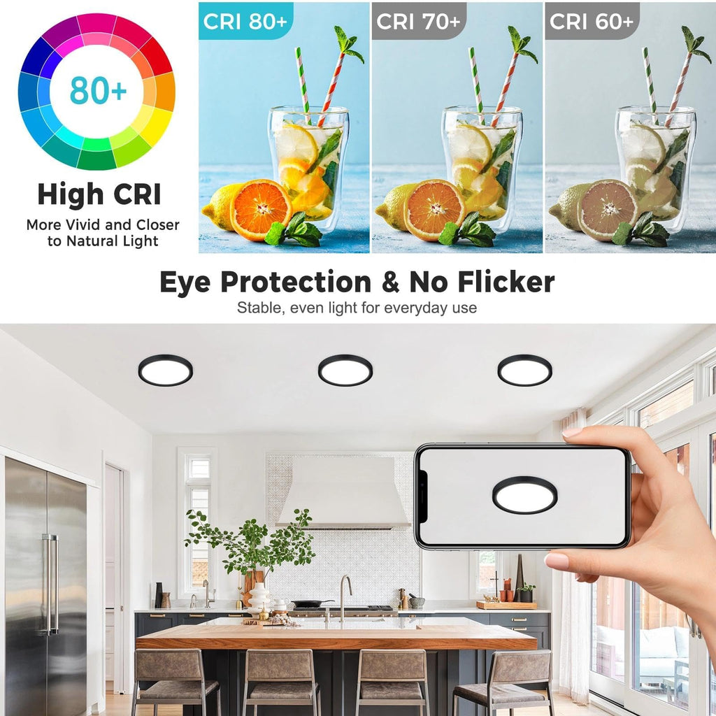 6Pack 7inch LED Flush Mount Ceiling Light, Dimmable & 5Color Temperatures, 15W Round Slim Black Light