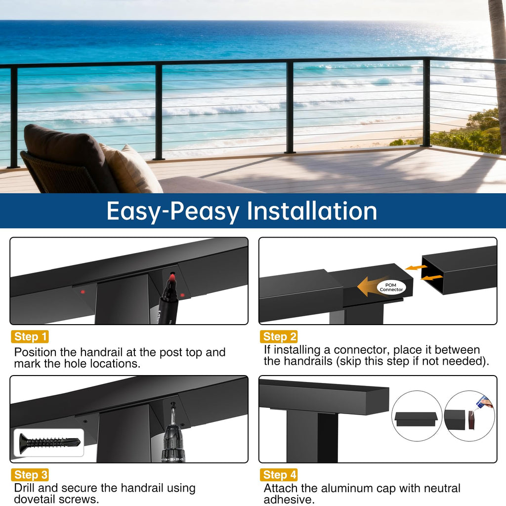 10FT Aluminum Black Cable Railing Handrail with POM Connector, 2 Pack Rectangle 3mm Thick Deck Handrail for Indoor