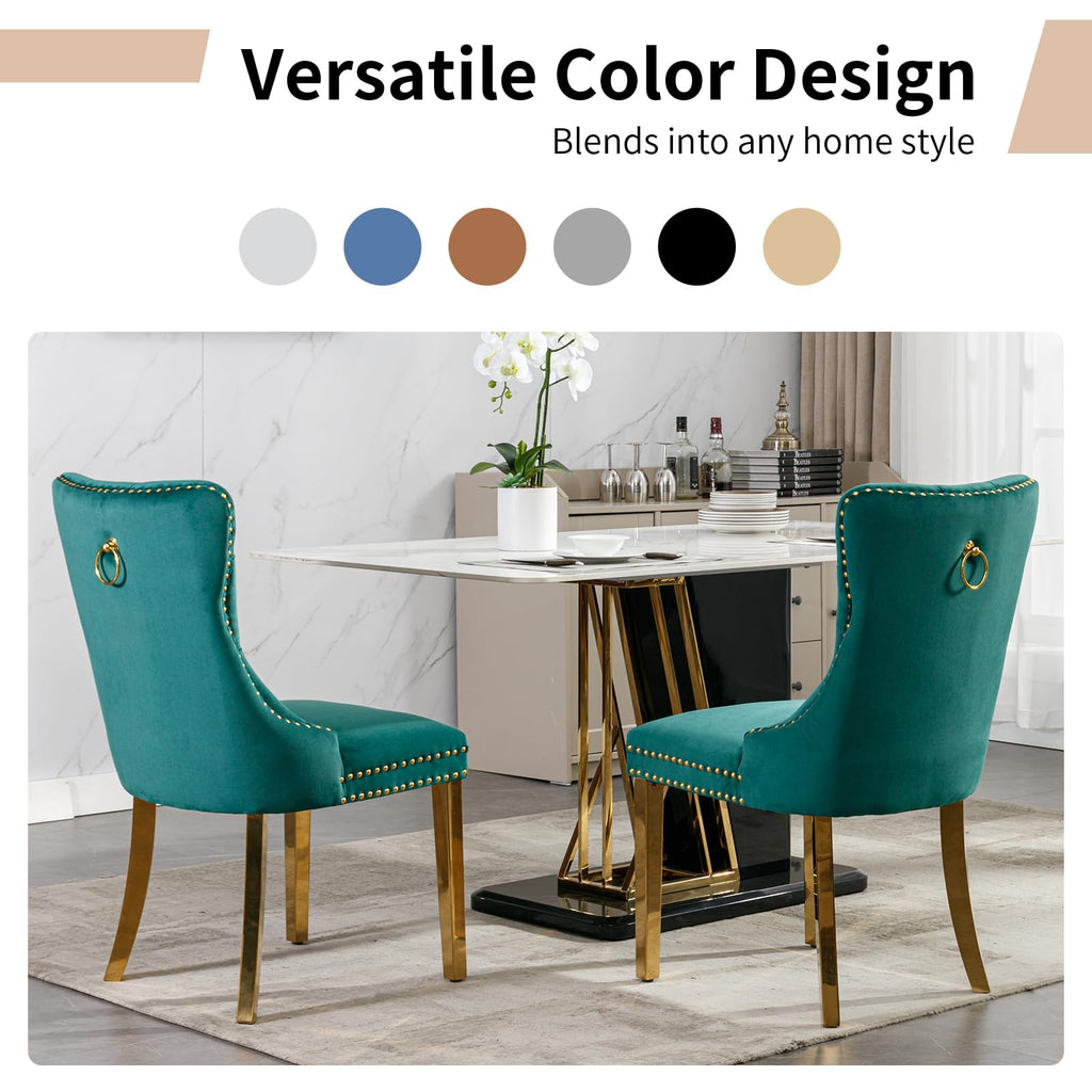 Luxury Upholstered Dining Chairs Set of 2, Green Kitchen Chair with Golden Metal Legs, Velvet Tufted Back Dining