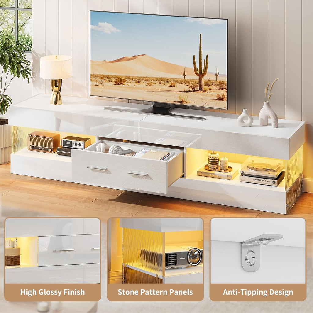 67" Modern TV Stand for TVs up to 75 Inch, High Gloss LED Entertainment Center with Stone-Patterned Doors, TV Console