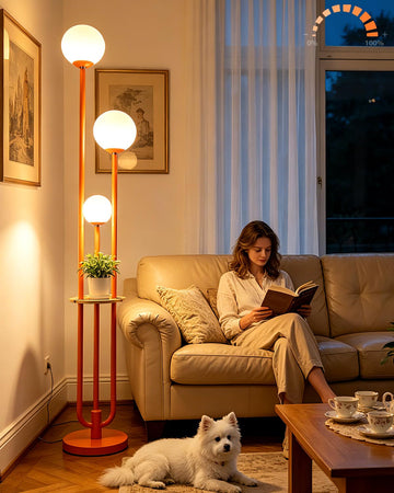 Dimmable 3-Light Globe Floor Lamp with Storage Shelf, Orange Mid Century Modern Standing Lamp, 3PCS 3000K Warm White