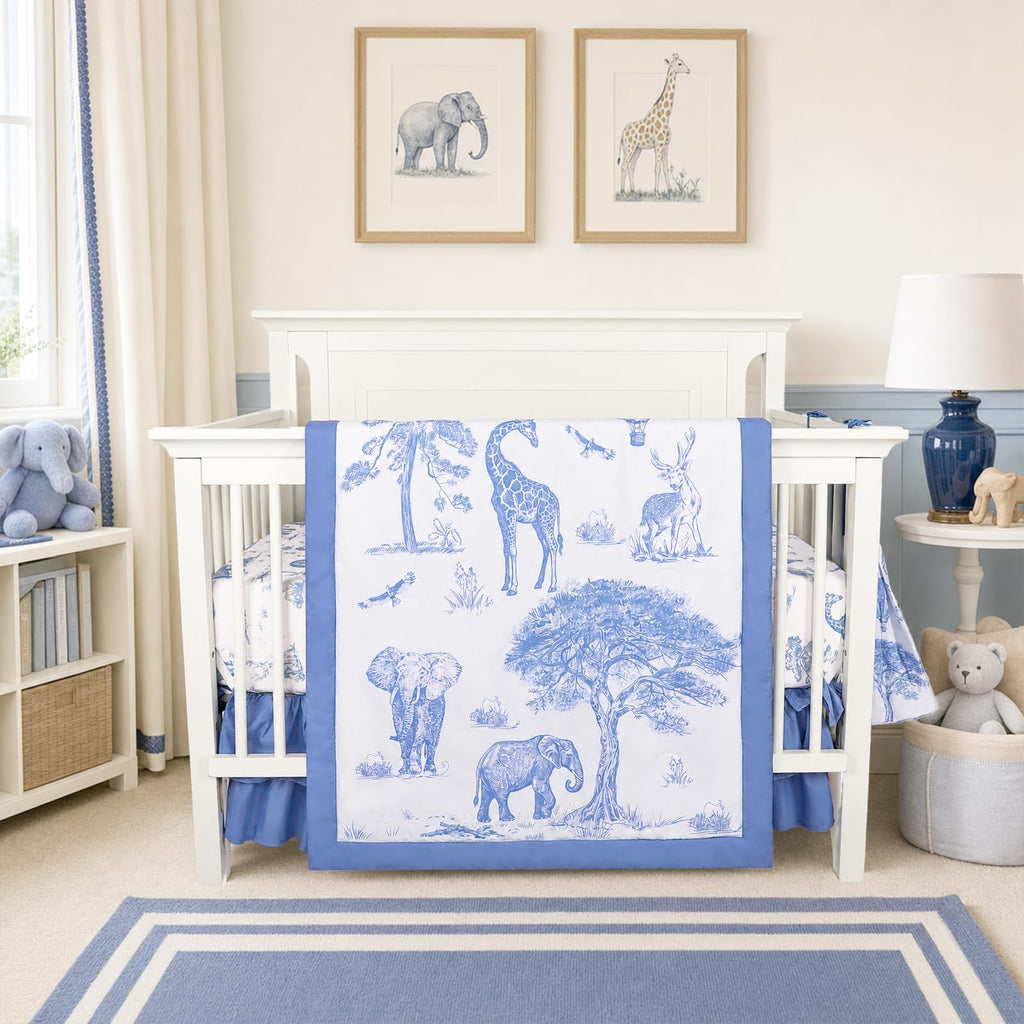 4-Piece Crib Bedding Set for Baby Boys, Blue Elephant Nursery Bedding Set Includes Comforter, Fitted Crib Sheet, Crib