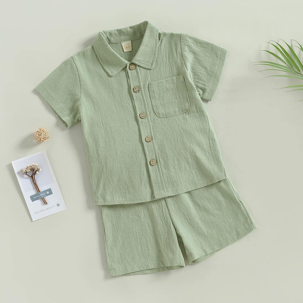 Toddler Baby Boy Linen Outfits Solid Color Short Sleeve Lapel Button Down Shirt and Shorts Summer Clothes Set