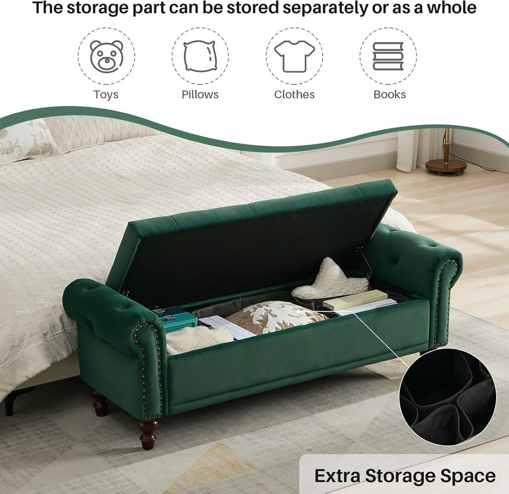 58.1" Storage Bench , Velvet Upholstered, Dark Green | End of Bedroom Bed Bench Ottoman with Tufted Cushioned Rolled