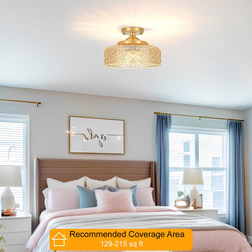 Gold Semi Flush Mount Ceiling Light, 3-Light Close to Ceiling Light with Amber Glass, Vintage Hallway Lights, Brass