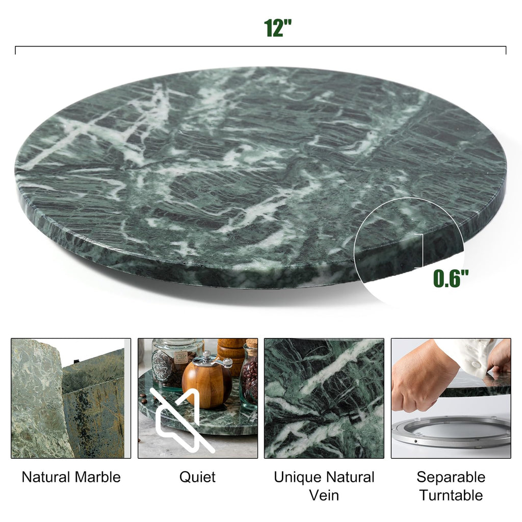 12" Marble Lazy Susan Turntable - 100% Natural Stone Round Serving Tray with Silent Spinning, Revolving Cake Stand &