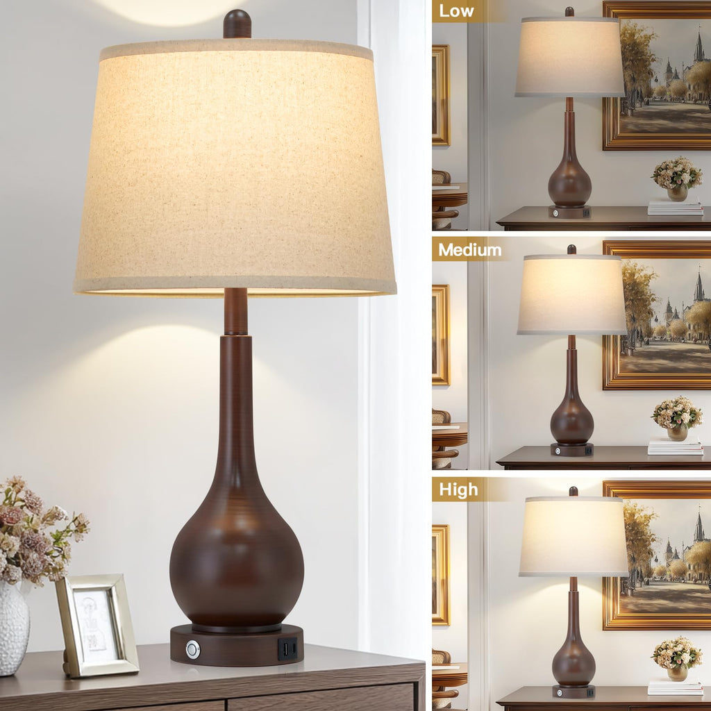 26" Brown Table Lamps Set of 2, Touch Control Bedside Lamps Nightstand, 3-Way Dimmable Farmhouse Lamp with Charging
