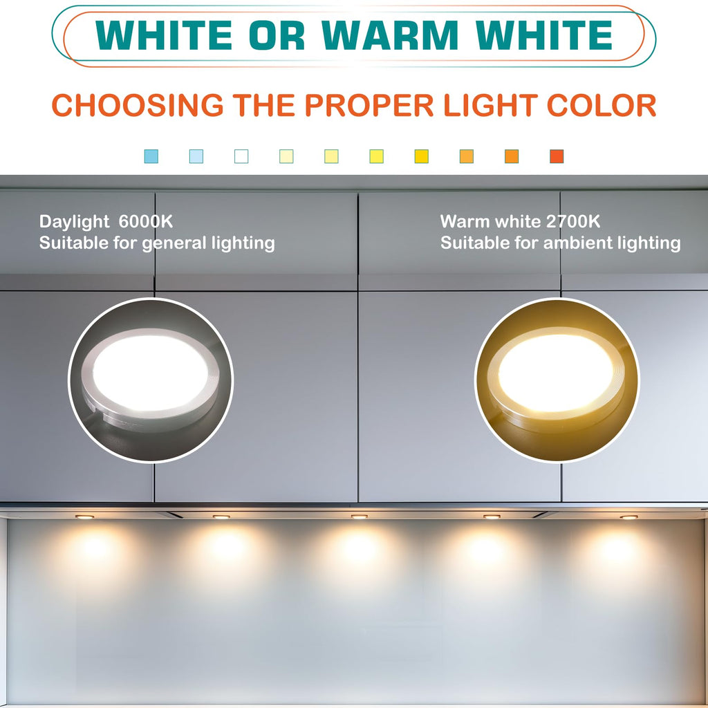 Under Cabinet LED Pucks 120V Hardwired, Touch Dimmer, 6 Lights, Warm white