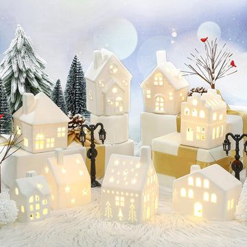 26 Pcs Ceramic Christmas Village Set LED Lighted White,Classic