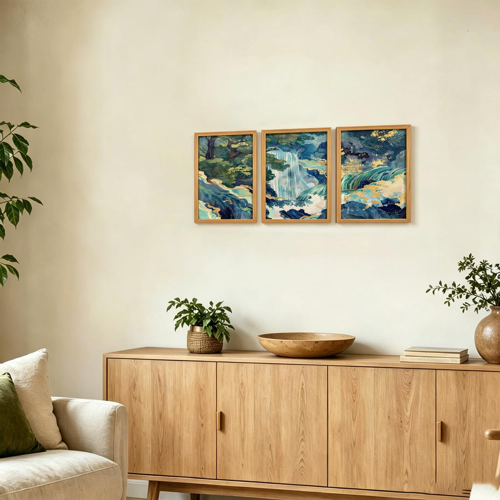 Japanese Waterfall Landscape Wall Art, 3-Piece Wooden Framed Asian Canvas Painting, Teal Gold Nature Zen Wall Decor