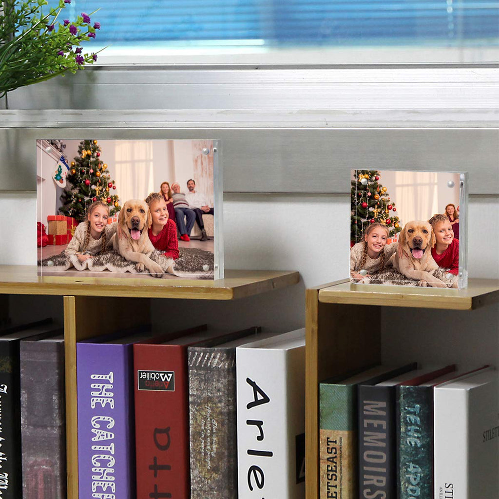 5x5 Clear Acrylic Picture Frames 3 Pack, 20% Thicker Blocks Self Standing Magnetic Photo Frame, Desktop Card Display