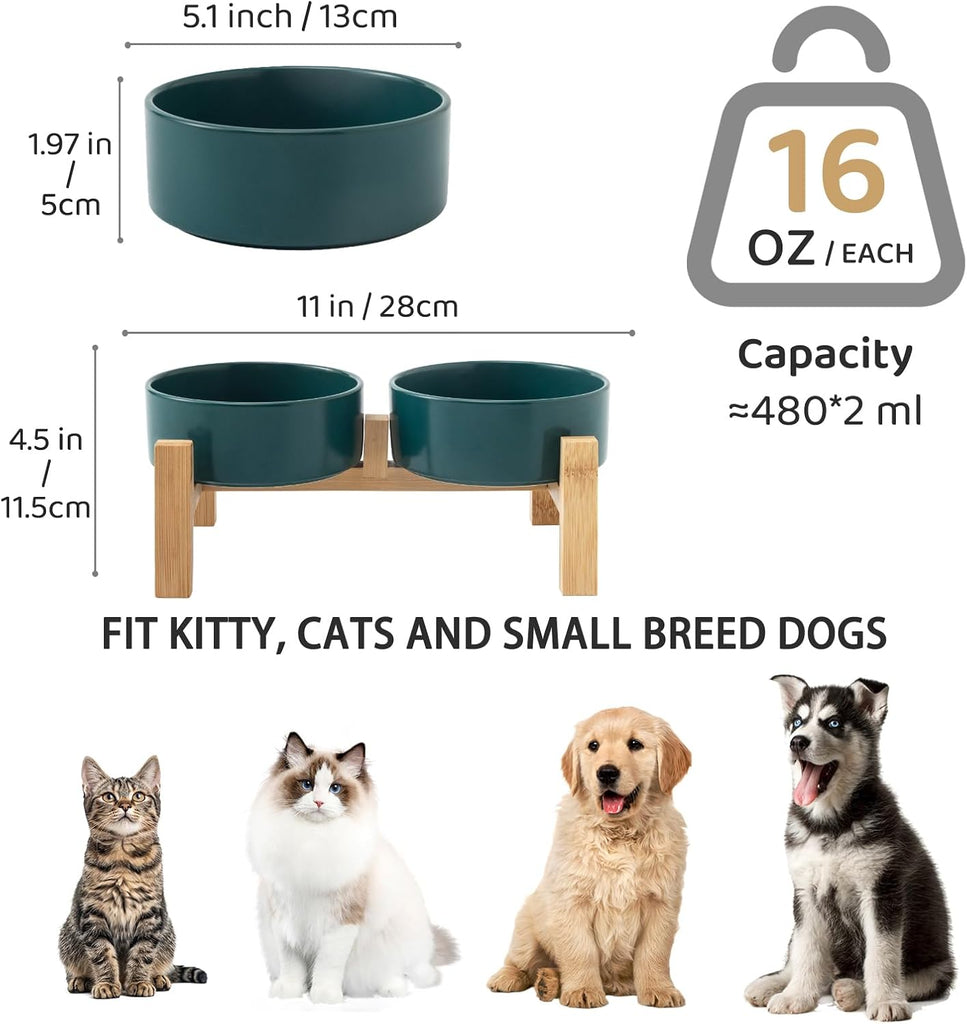 Elevated Ceramic Dog Bowl Set - Raised Dog Bowls with Non Slip Bamboo Stand, Food and Water Bowl Set for Kitty, Cats