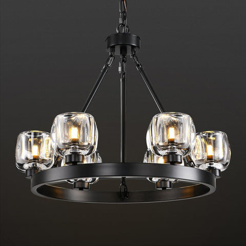 Black Wagon Wheel Chandelier, 24 Inch Black Chandeliers with Unique Glass Shade, 6-Light Crystal Farmhouse Wagon Wheel Chandeliers for Dining Room, Round Chandelier for Living Room, Foyer, Entryway A126-B0DT4D42YB
