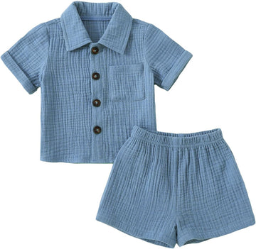 Baby Boys Clothes Set Toddler Infant Boys Button-down Shirt Tops + Cotton Gauze Shorts Summer Outfit 2PCS with Pockets