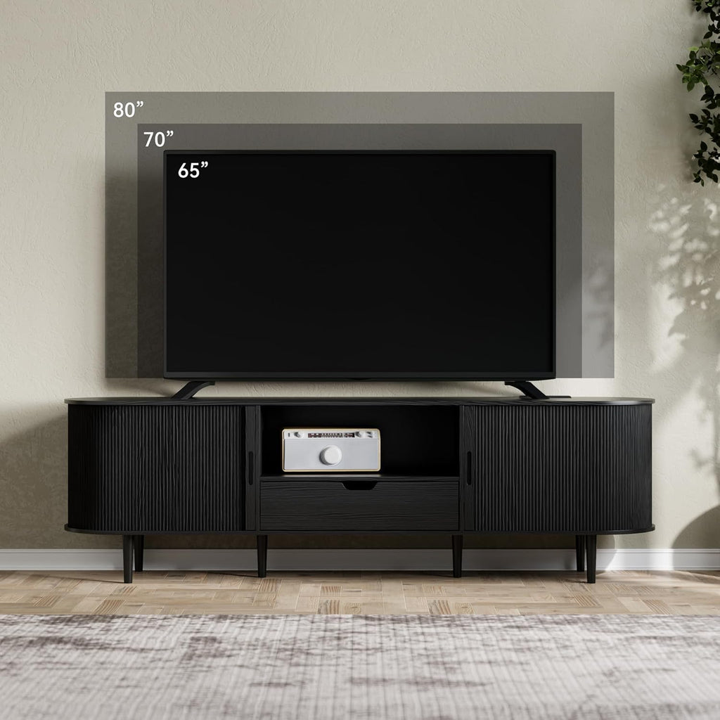 71" Fluted TV Stand with Power Outlet for TVs up to 80", TV Console with Adjustable Shelves and Sliding Door, Mid