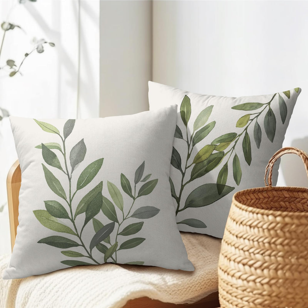 Olive Leaves Throw Pillow Covers 22x22 Inch Rustic Green Leaf Grey Square Pillowcases Cotton Linen Cushion Cover for