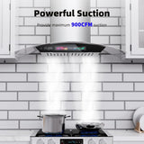 30 Inch Stainless Steel Wall Mount Range Hood 900 CFM 4 Speed Voice, Gesture & Touch Control Glass Canopy, Memory Function