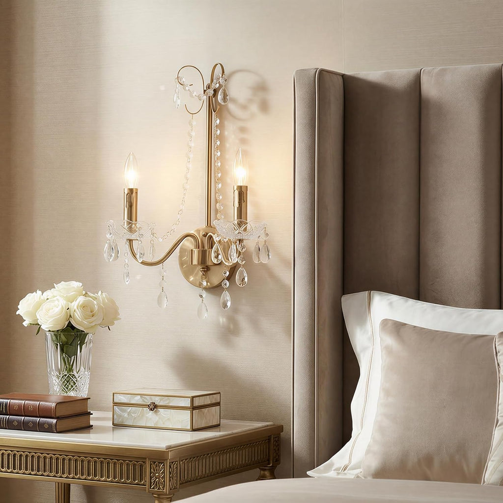 Crystal Wall Sconce Light, 2-Lights Hardwired Gold Wall Sconce with Crystal Dish Indoor Vintage Sconces Wall Lighting