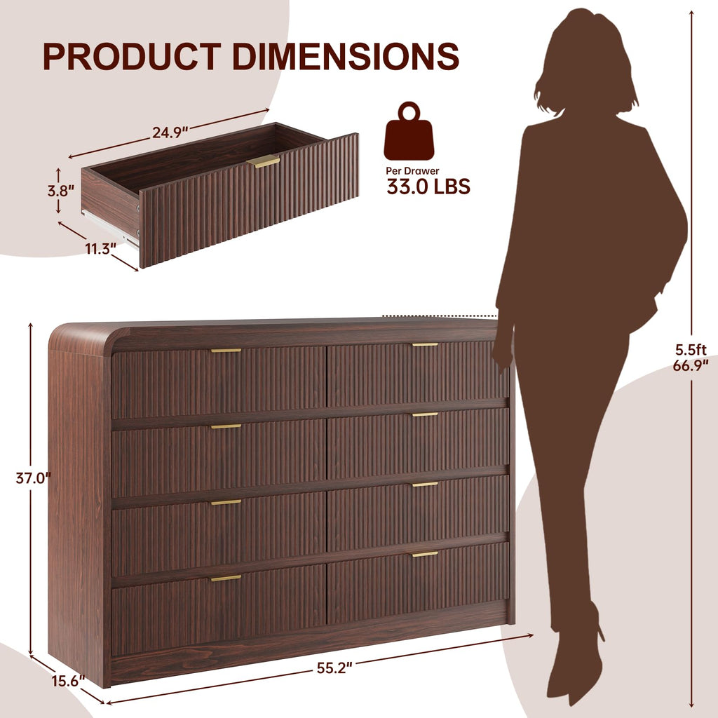 Fluted 8 Drawers Dresser Wooden, Dark Walnut