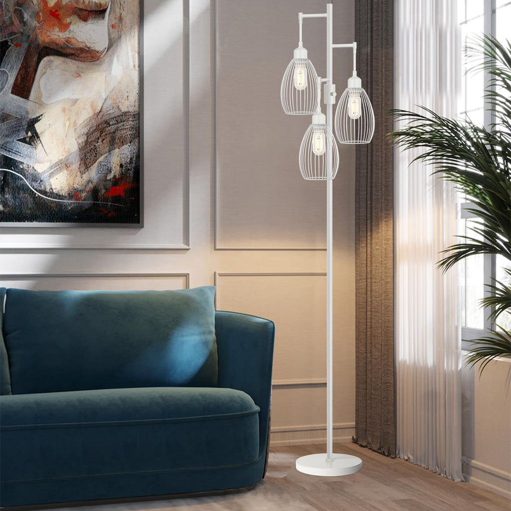 Dimmable Floor Lamp, 3 x 800LM LED Edison Bulbs Included, Floor Lamp Standing Lamp with Elegant Teardrop Cage Heads