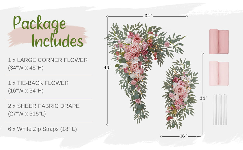 Wedding Arch Flowers with Drapes Kit (Pack of 4) - 2pcs Artificial Dusty Rose Deluxe Swag with 2pcs Sheer Drapes for