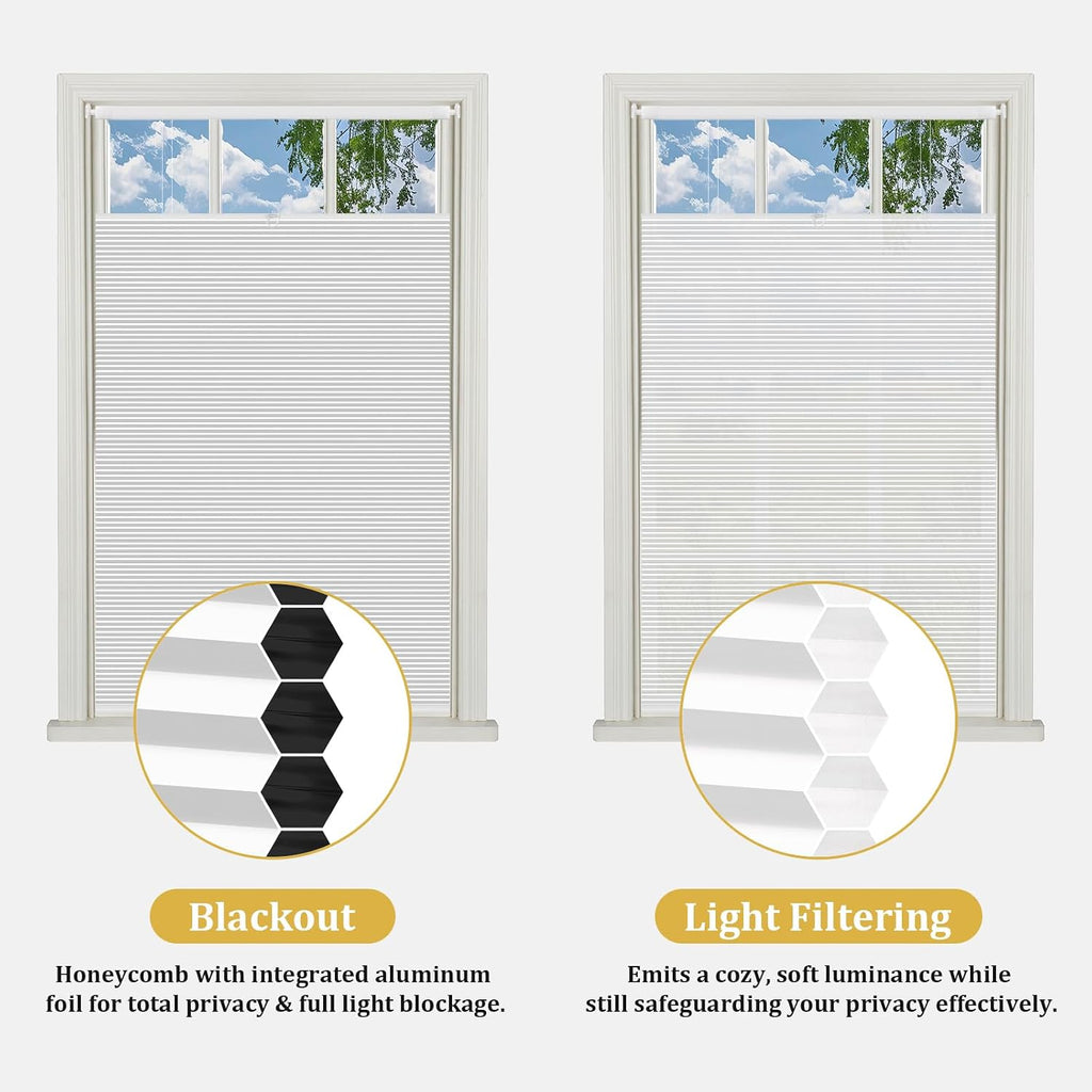 No Drill Top Down Bottom Up Cellular Shades, | White Cordless Blackout Honeycomb Blinds for Indoor Windows, Thermal
