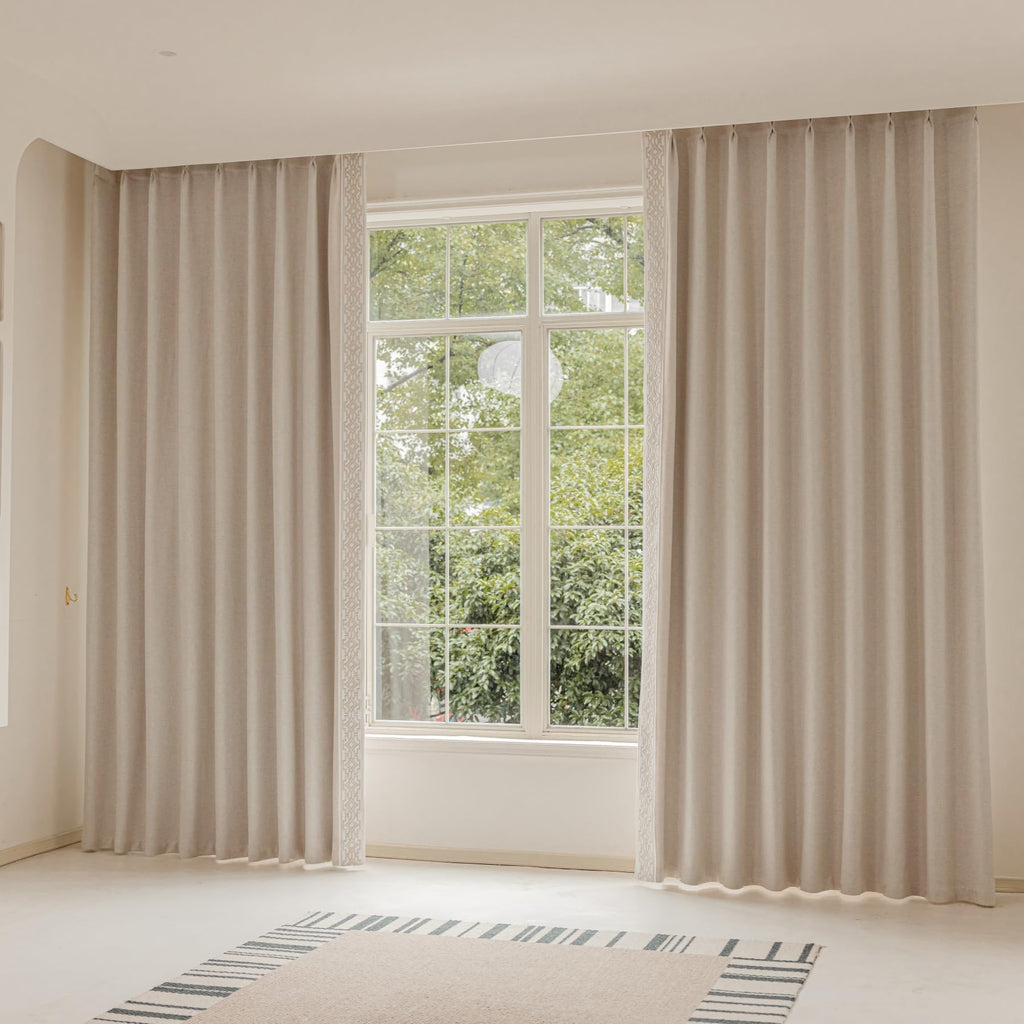 Luxury Pinch Pleat Blackout Curtains - Textured Embroidery Trim, Soft Beige, Linen Blend, Memory Trained (50" W x 90"