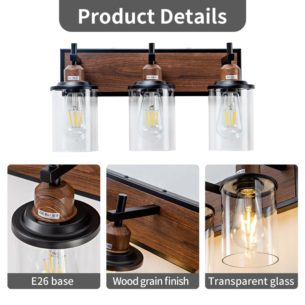 3-Light Farmhouse Bathroom Light Fixtures Vintage Vanity Lights Over Mirror Black and Wood Painted Metal Vanity Light