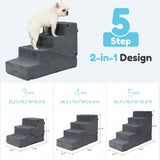 5-Step Dog Stairs and Ramp for Small Dogs and Cats, Pet Steps for High Bed with Non-Slip Bottom, Grey