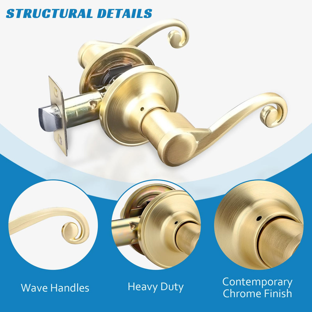 5 Pack Gold Satin Brass Door Handles, Wave Handle, Brushed Brass