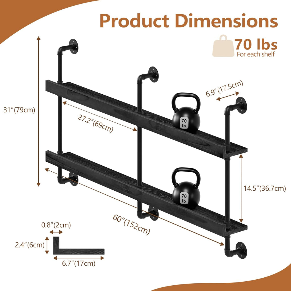 Bar Shelves, Wall Mounted Wine Rack, Black, 60 Inch | 2 Tier, Industrial, Solid pine shelves, black pipe brackets, 70