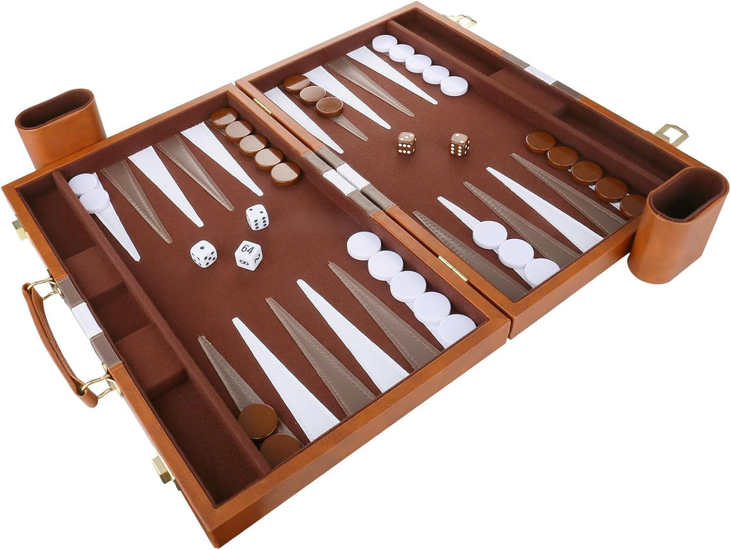 Backgammon Set - Classic Board Game with Premium PU Leather Case & Portable Travel Strategy Backgammon Game Set