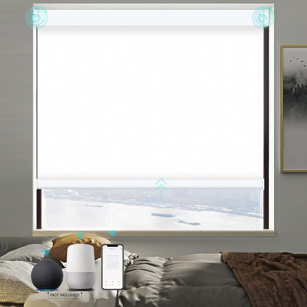 Motorized Roller Shades with Remote, Built-in Rechargeable S - 100% Fabirc White