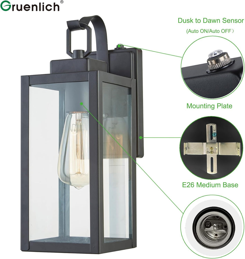 Dusk to Dawn Outdoor Wall Lantern, Wall Sconce for Porch Lighting Fixture, E26 Base Max 60W, Metal Housing Plus Glass