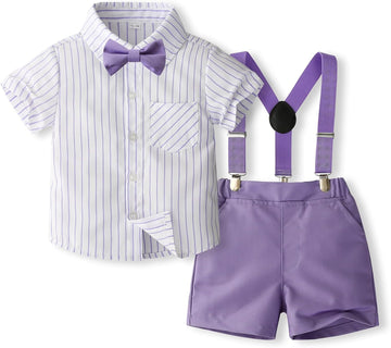 Toddler Baby Boy Clothes Suit Dress Clothes Bowtie Stripe Shirts + Suspender Shorts Gentleman Outfits