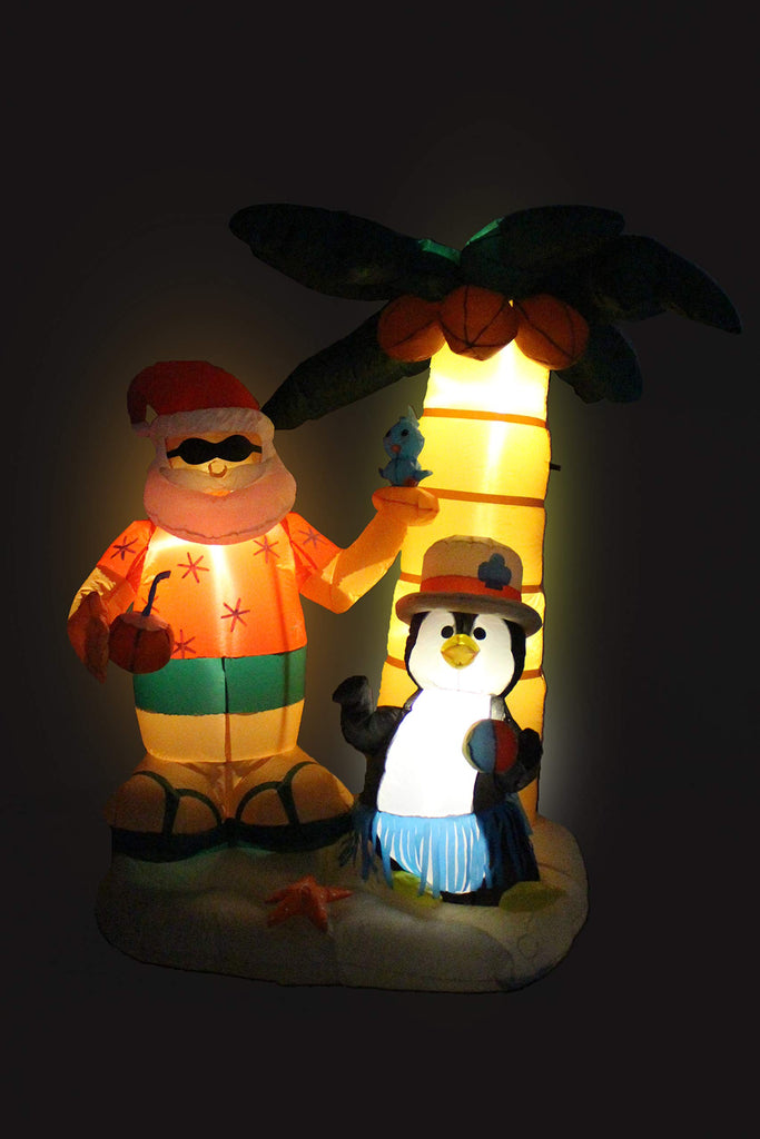 7 Foot Inflatable Santa Claus & Penguin on an Island w/ Palm Tree