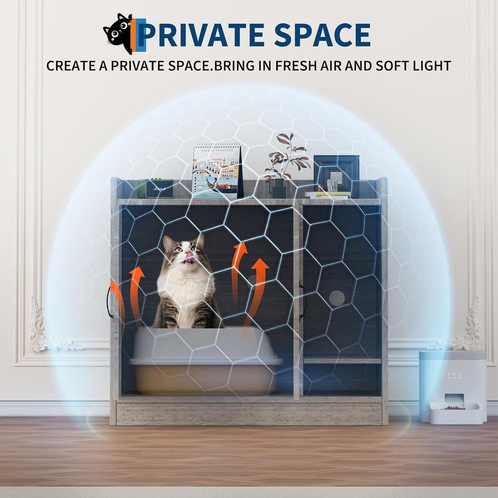 Cat Litter Box Enclosure, Hidden Litter Box Furniture with Divider, Indoor Cat House, Wooden Cat Washroom Storage