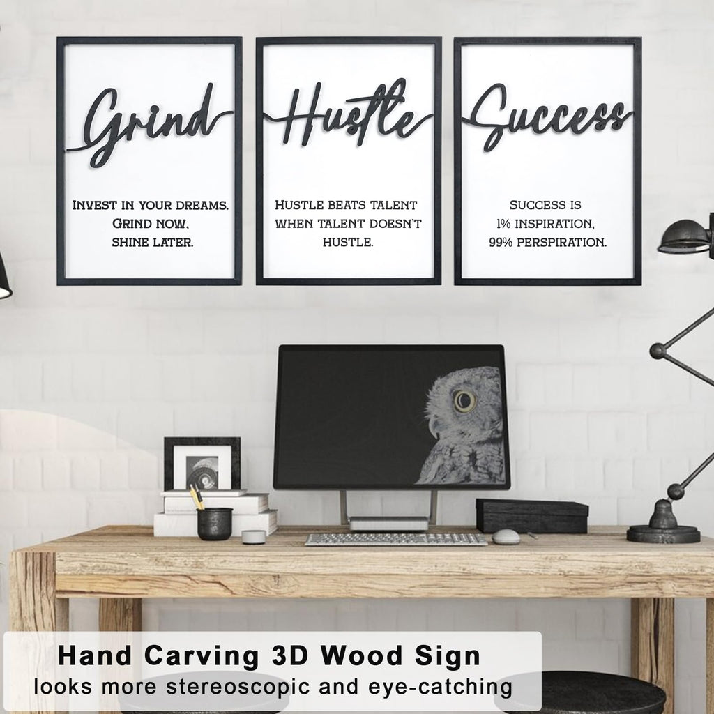 3D Wood Inspirational Office Wall Decor, 36" x 16" Framed Grind Hustle Success Motivational Wall Art, Positive Quotes