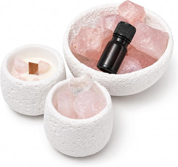 Pink Quartz Crystal Essential Oil Diffuser & Candle Set - Soy Wax Candle, Crystal Diffuser Stones & 10ml Essential