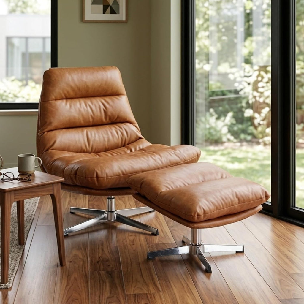 Modern Swivel Lounge Chair and Ottoman — Brown Faux Leather