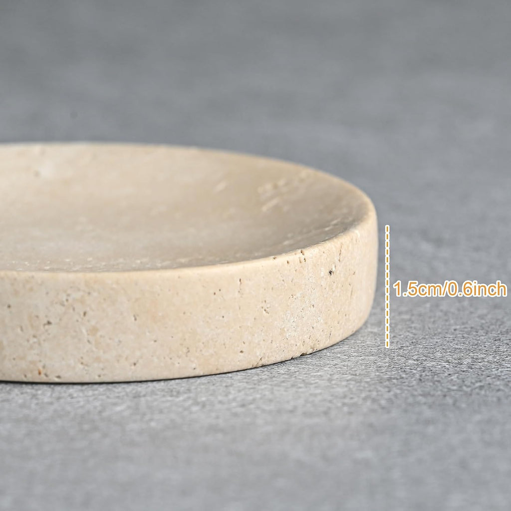 Small Travertine Jewelry Dish 4", Natural Beige Stone Trinket Tray for Rings Earrings Necklaces, Round Travertine