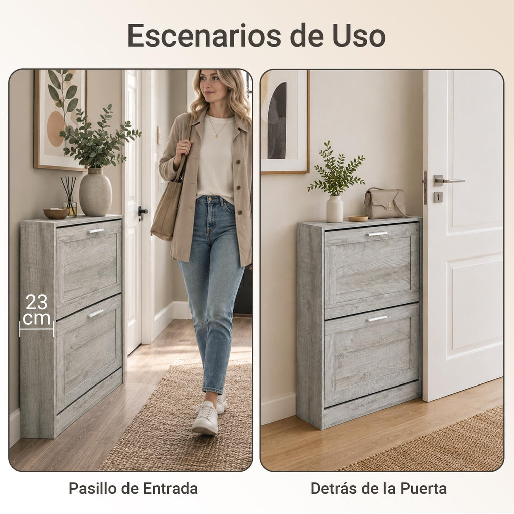 Shoe Storage Cabinet Entryway, Slim Shoe Rack Freestanding, Narrow Shoe Organizer 2 Flip-Drawers Shoe Cupboard for